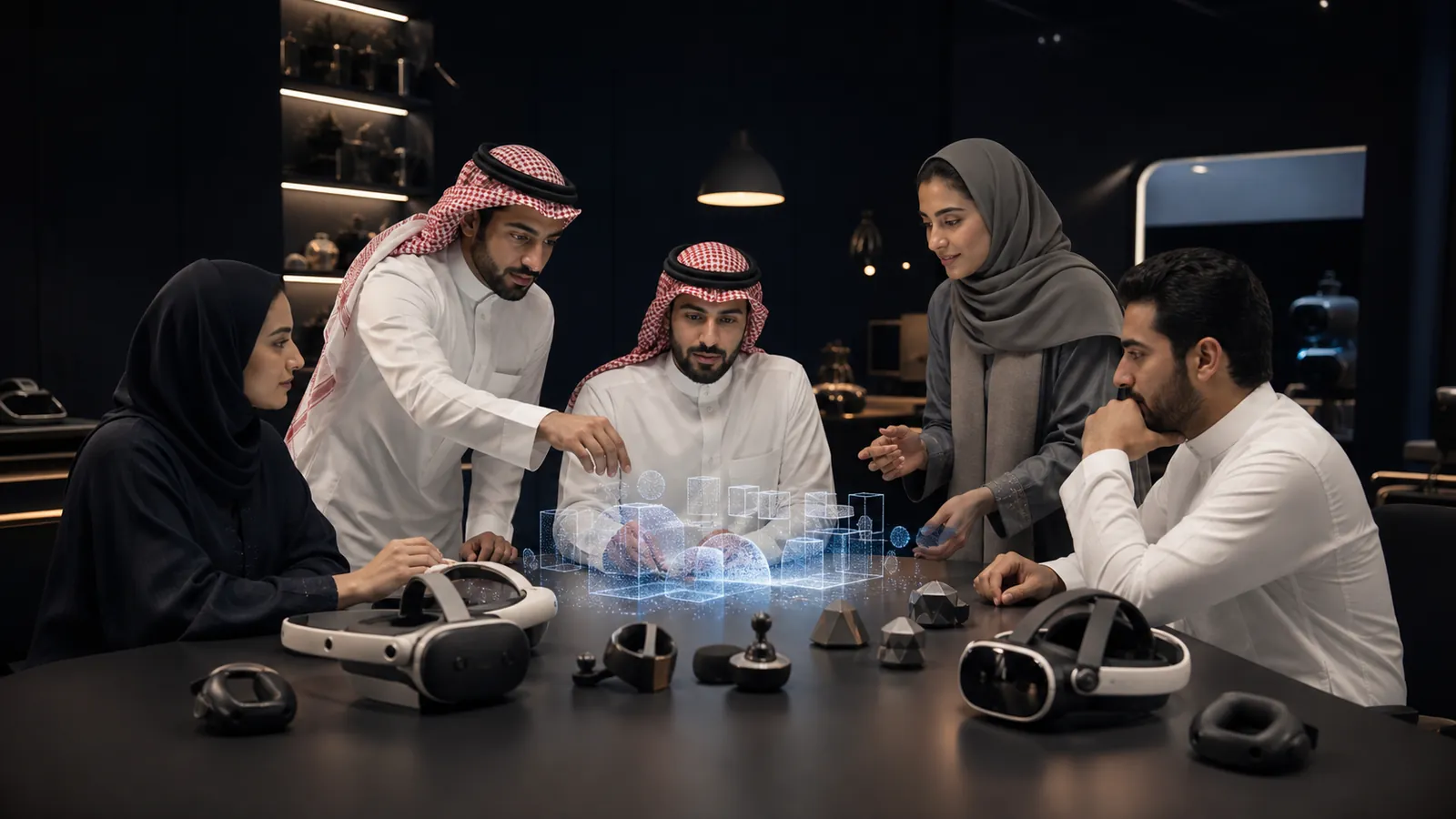 فريق سعودي حول طاولة اجتماعات عليها نظارات واقع ممتد ونموذج هولوغرامي