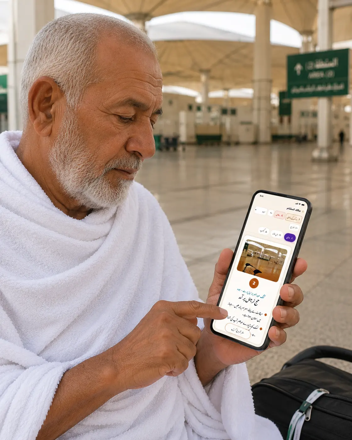 حاج كبير السن بملابس الإحرام يتابع مرحلة رحلته في تطبيق رديف على هاتفه بلغته، في صالة الحج بمطار الملك عبدالعزيز