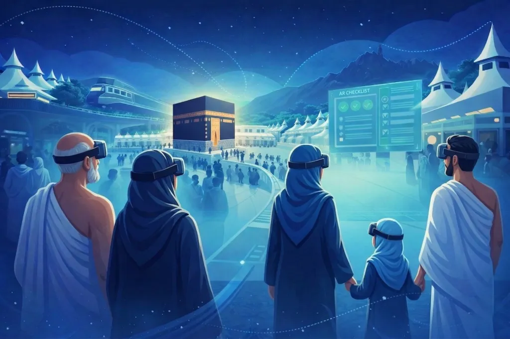 عائلة من الحجاج تستكشف المشاعر المقدسة بنظارات الواقع الممتد